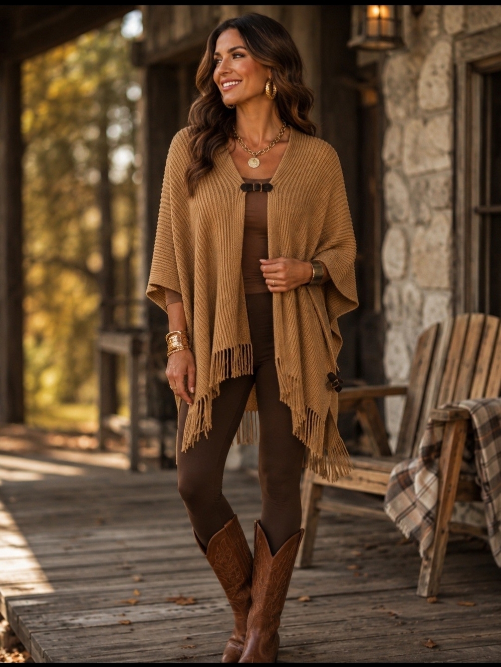 Tan Fringe Knit Layer Boho Soft Nuetral Poncho Wrap Sweater Brown Trim Hippie